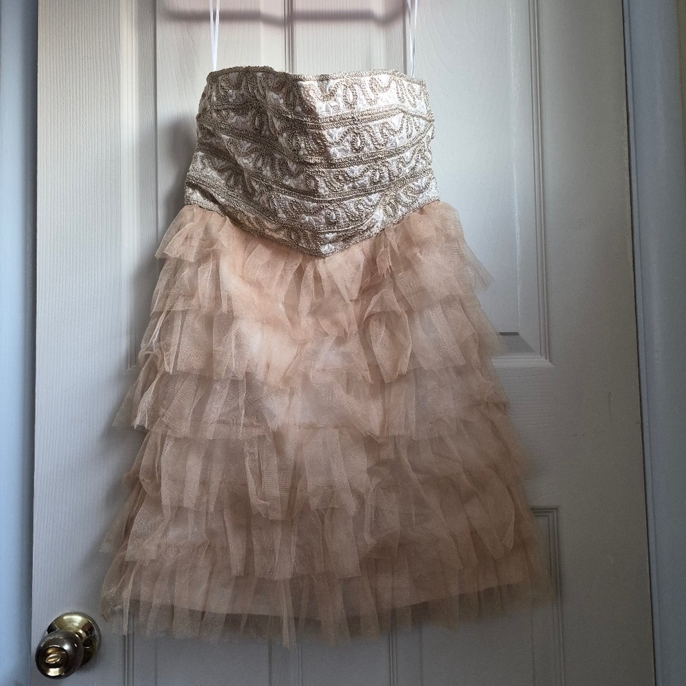 Strapless Taupe Multi-Tier Ruffle Dress